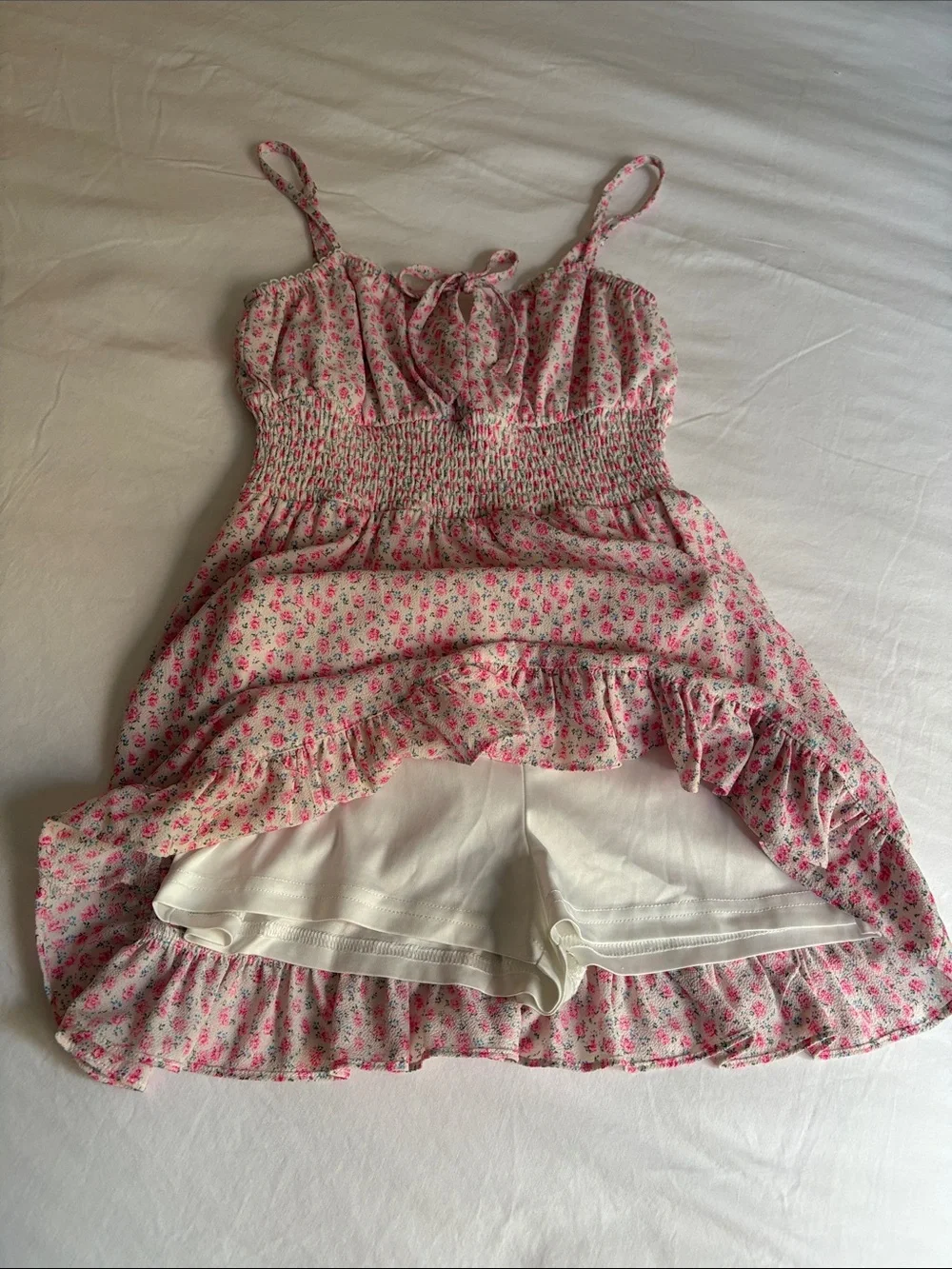 Katie J NYC Cream Dress with Pink Floral Smocked Waist